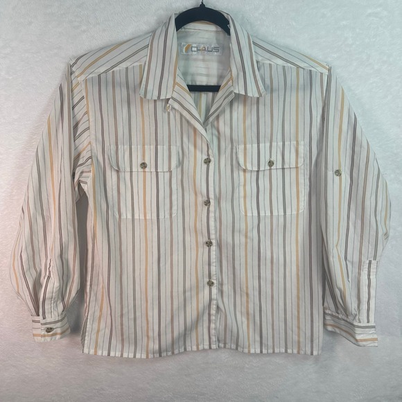 Chaus Tops - Chaus Button Up Shirt Womens 12 White Striped Long Sleeve Safari Utility Blouse